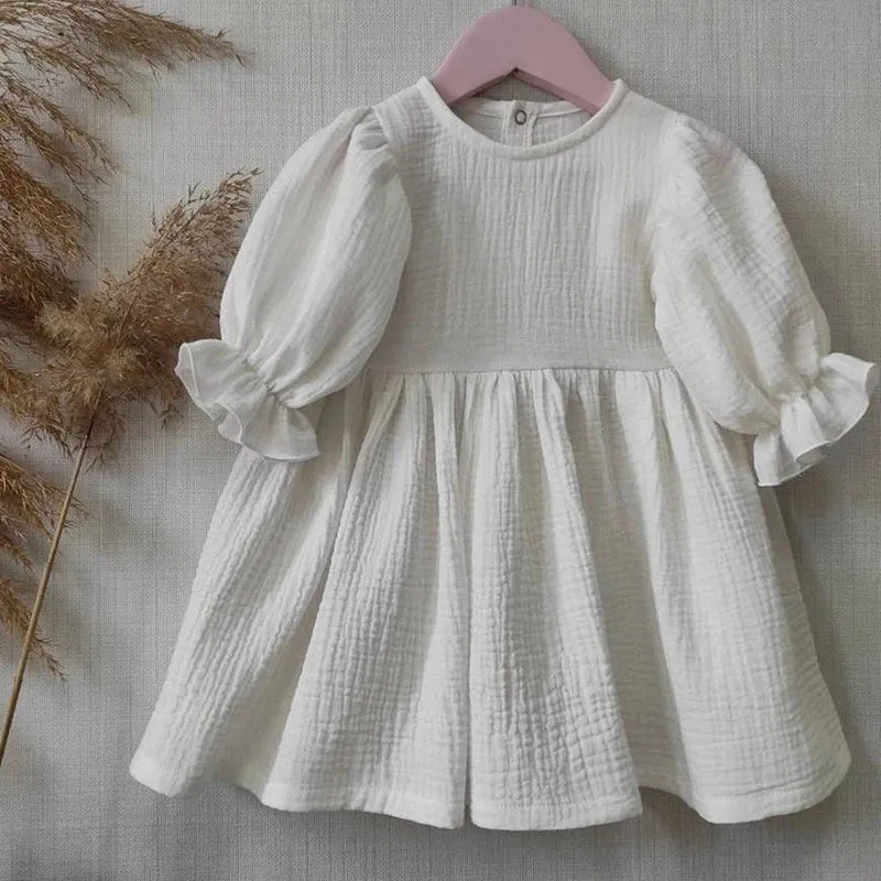 Children's Organic Cotton Double Gauze Loose Pockets Baby Girls Dress Fashion Princess Casual Kids Dresses