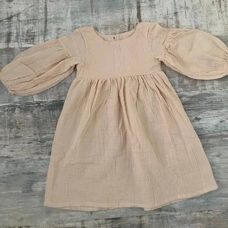 Children's Organic Cotton Double Gauze Loose Pockets Baby Girls Dress Fashion Princess Casual Kids Dresses