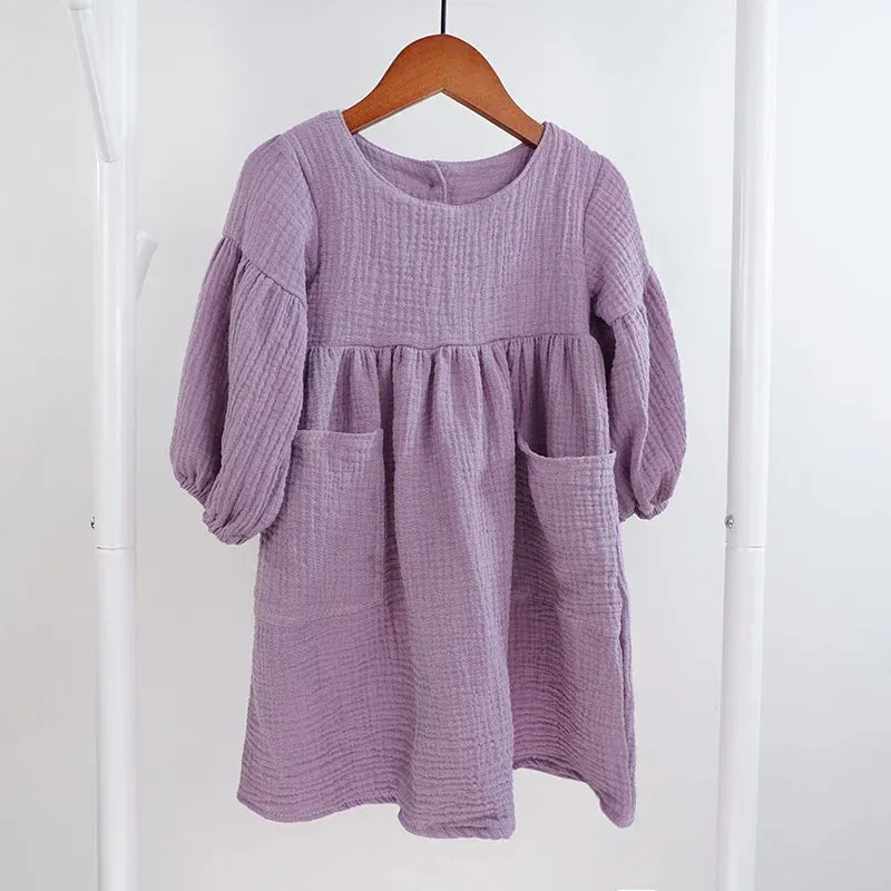 Children's Organic Cotton Double Gauze Loose Pockets Baby Girls Dress Fashion Princess Casual Kids Dresses