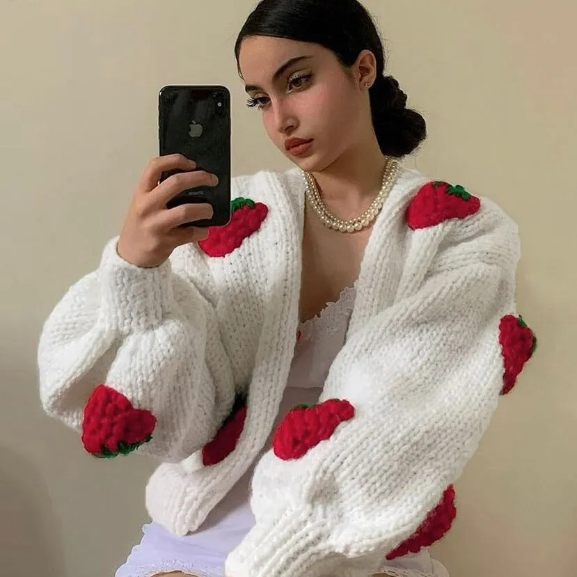 Clara – Cheerful Strawberry Women’s Knitted Cardigan