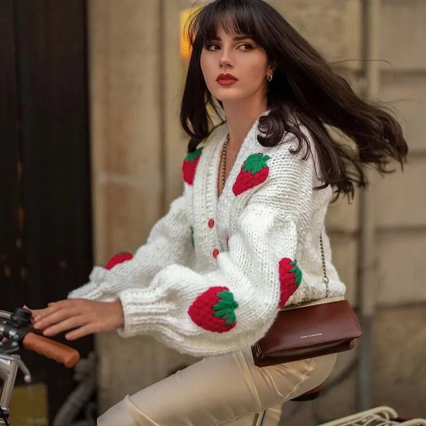 Clara – Cheerful Strawberry Women’s Knitted Cardigan