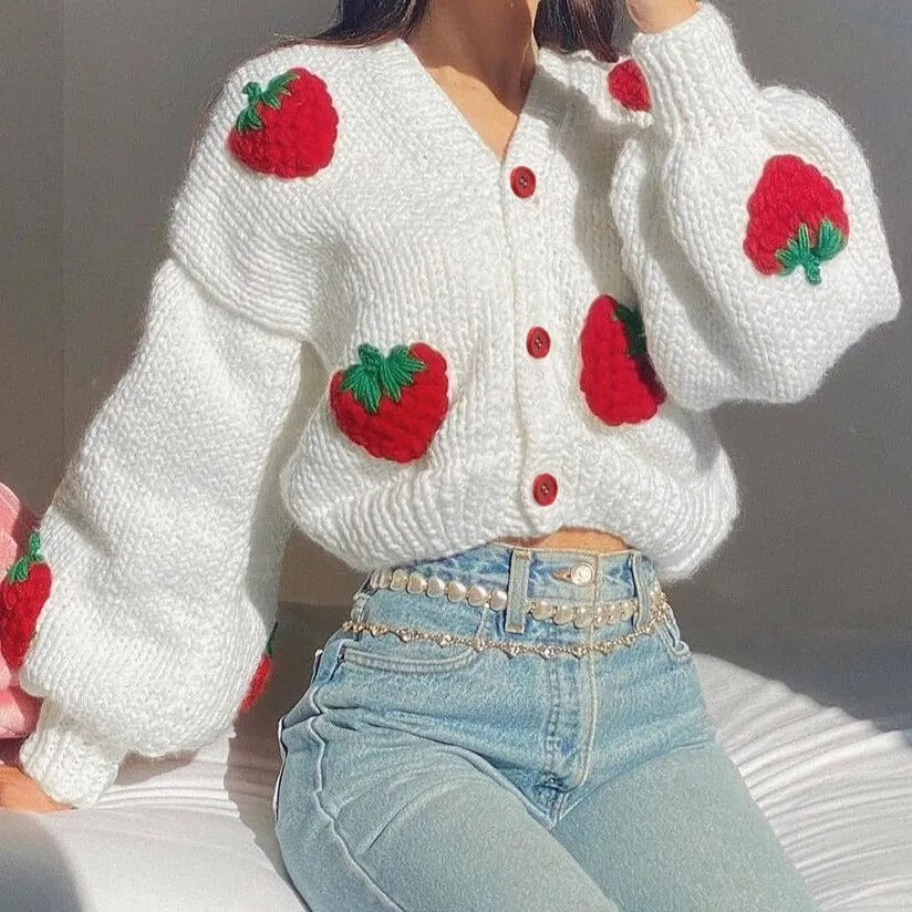 Clara – Cheerful Strawberry Women’s Knitted Cardigan