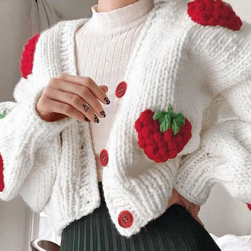 Clara – Cheerful Strawberry Women’s Knitted Cardigan