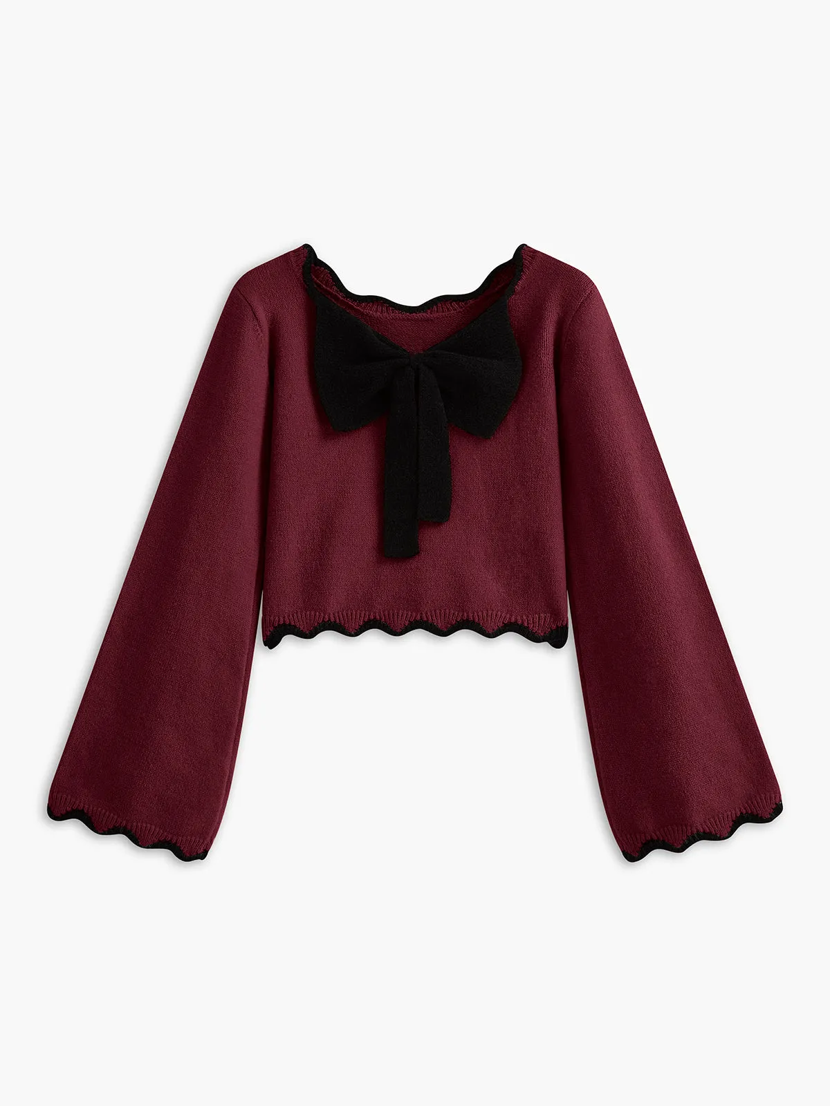Contrast Wave Trim Bow Sweater