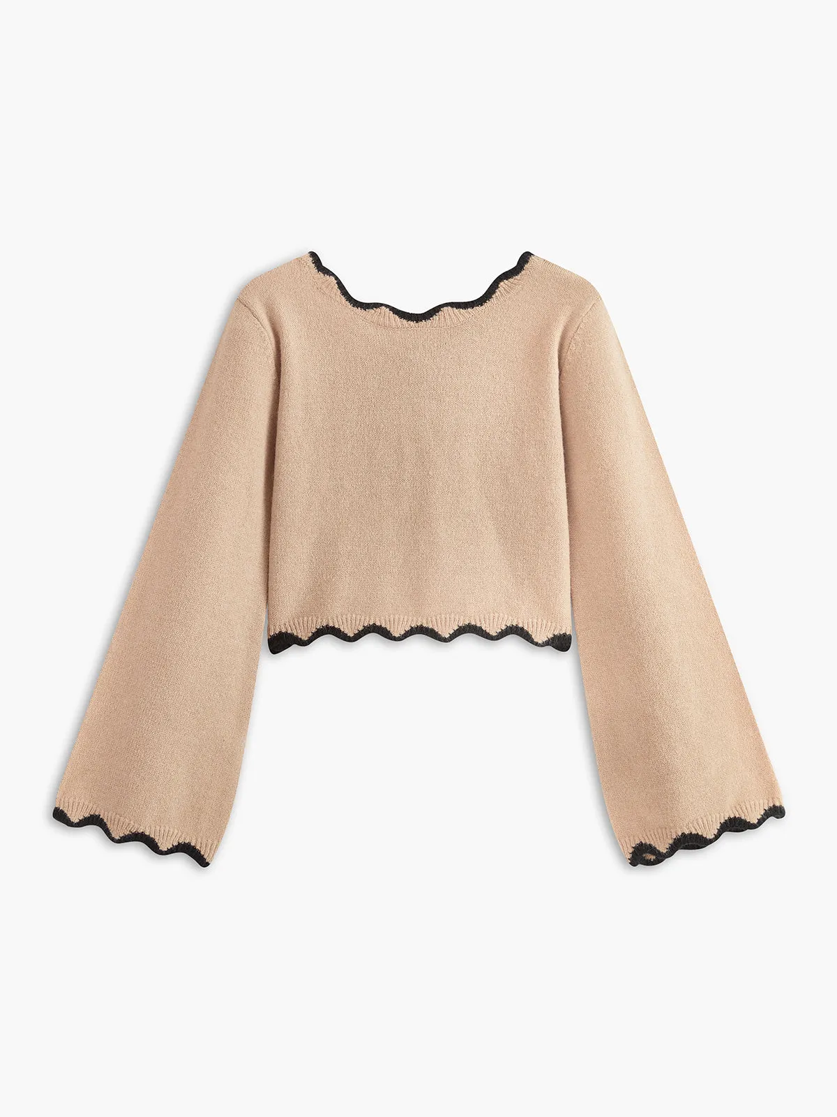 Contrast Wave Trim Bow Sweater