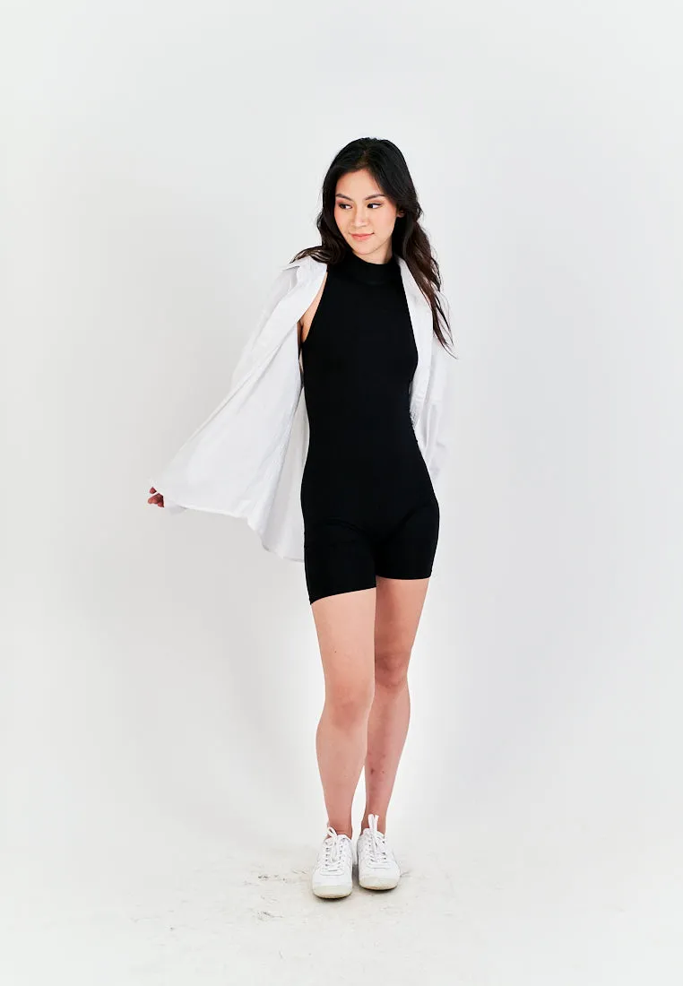 Coreen Black Turtle Neckline Back Zipper Sleeveless Romper