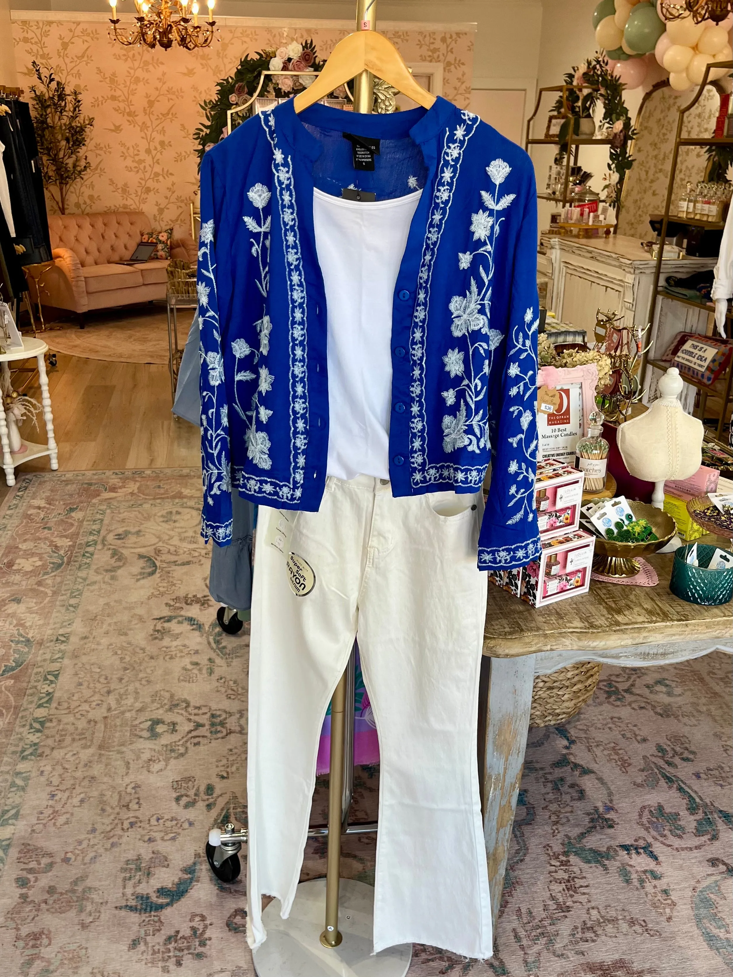 Crepon Floral Embroidered Button Front Top