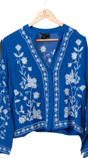Crepon Floral Embroidered Button Front Top