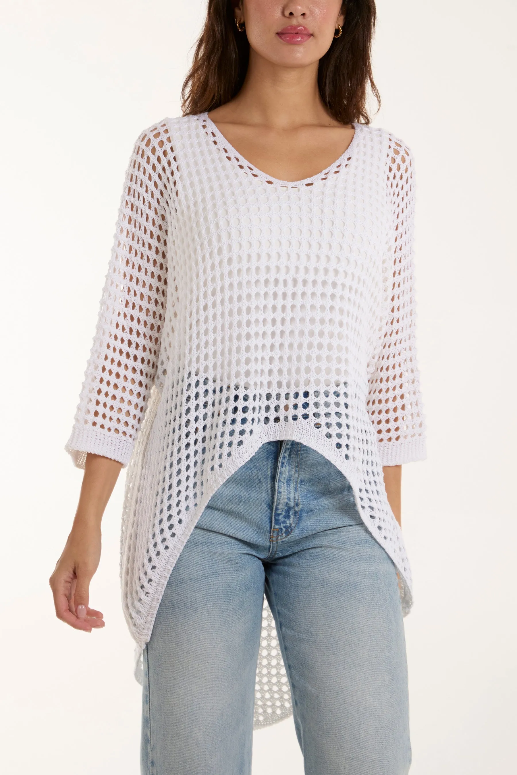 Crochet Dipped Hem 3/4 Sleeve Top