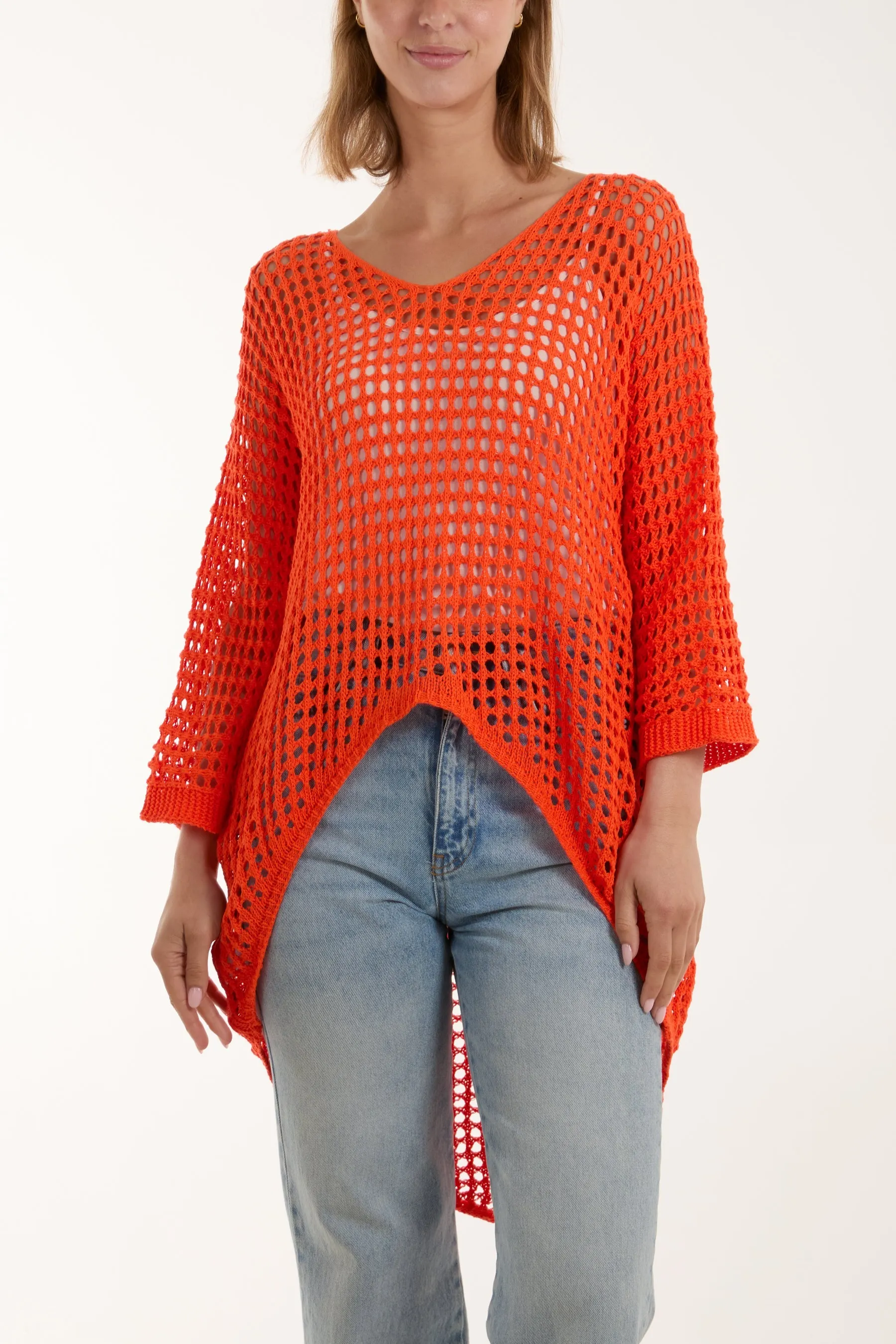 Crochet Dipped Hem 3/4 Sleeve Top