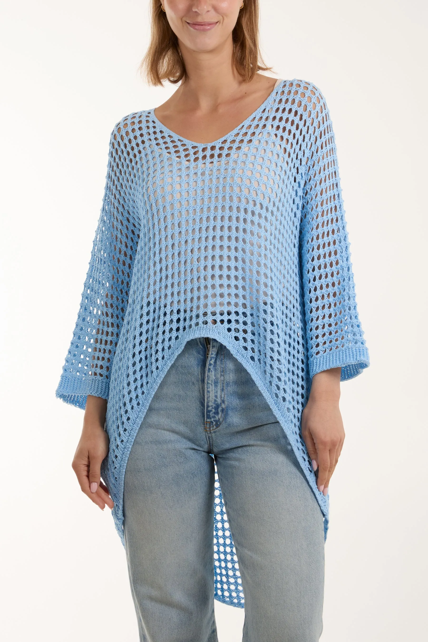 Crochet Dipped Hem 3/4 Sleeve Top