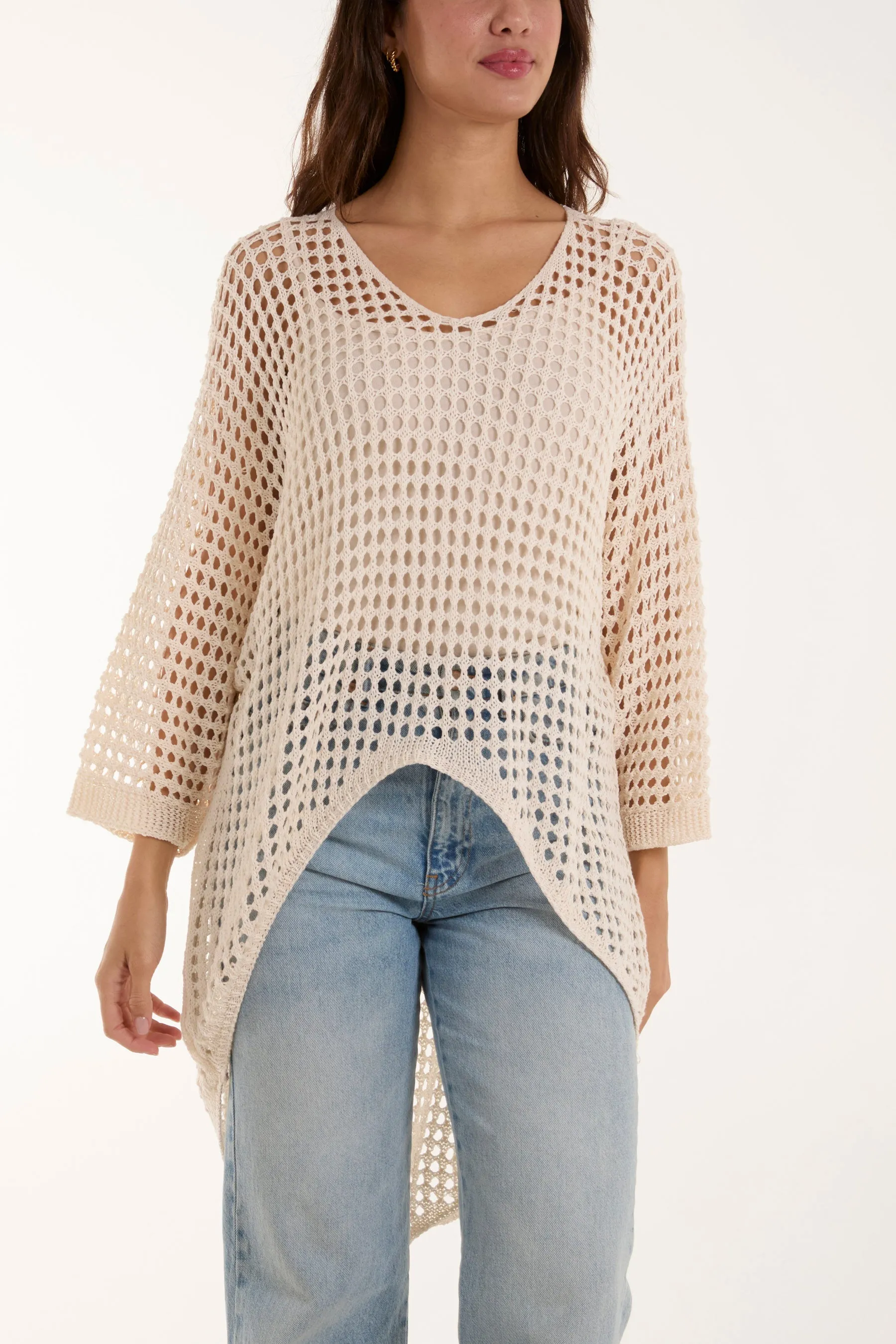 Crochet Dipped Hem 3/4 Sleeve Top