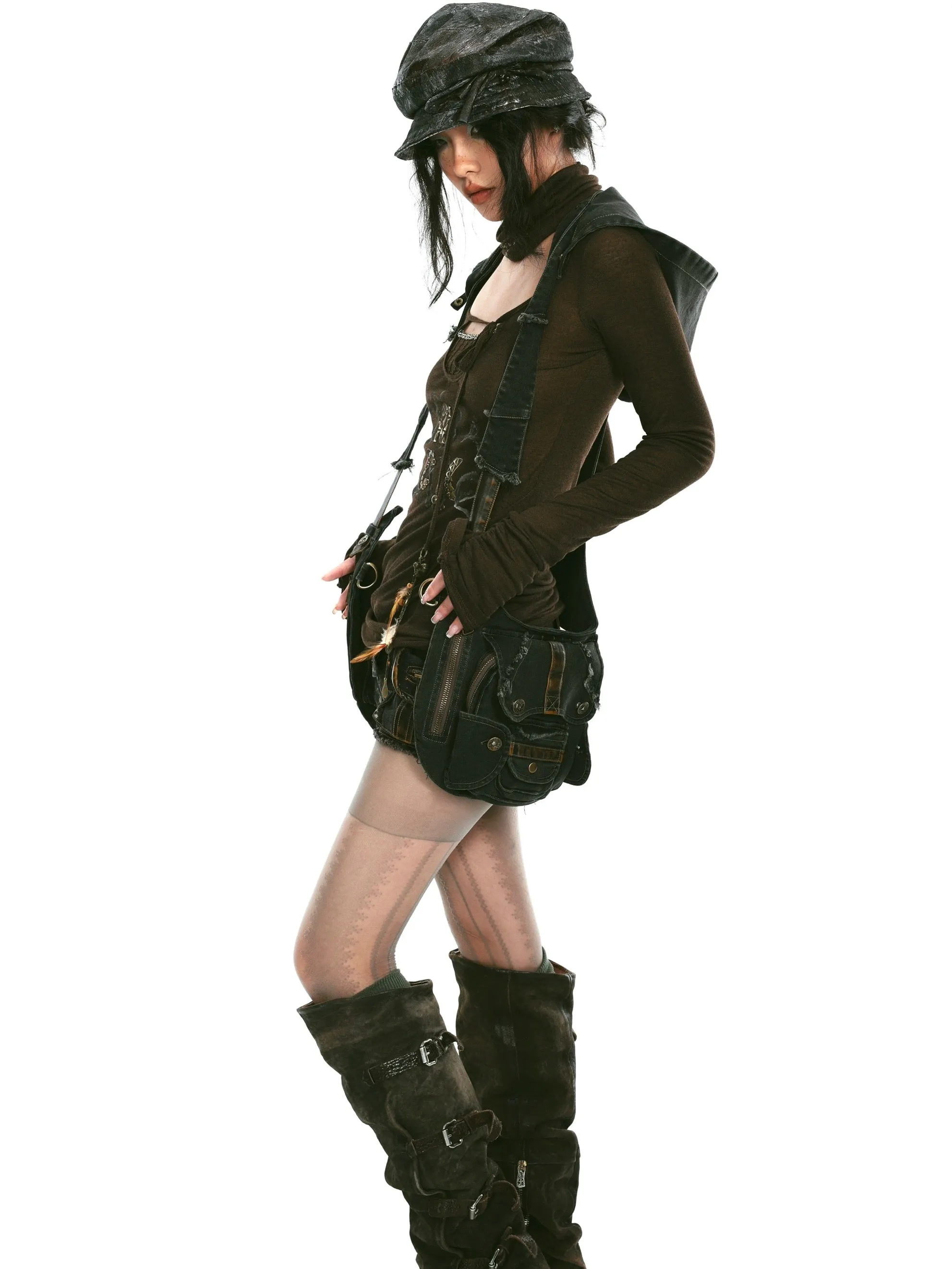 denim hooded multi-pocket vest