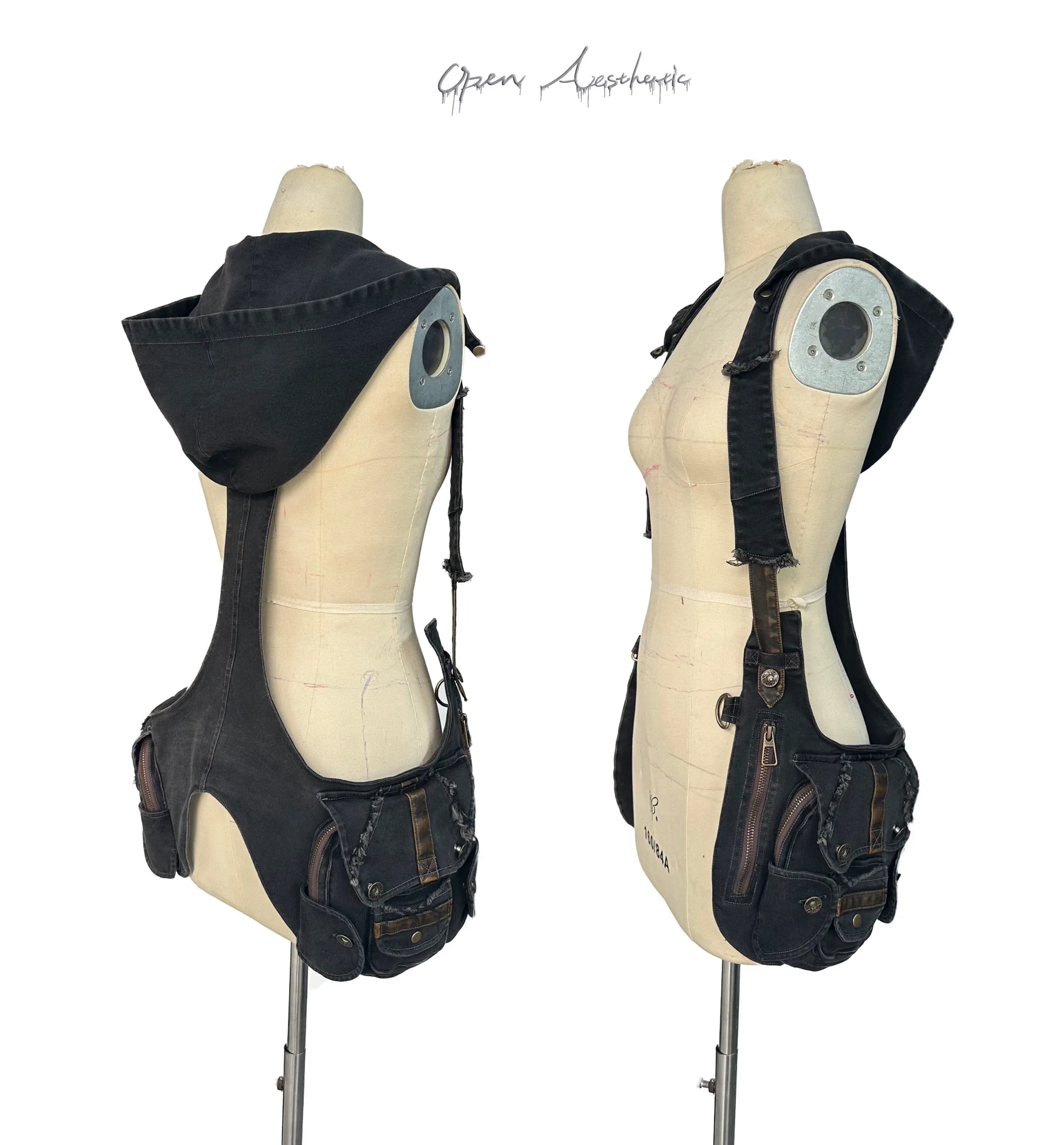 denim hooded multi-pocket vest
