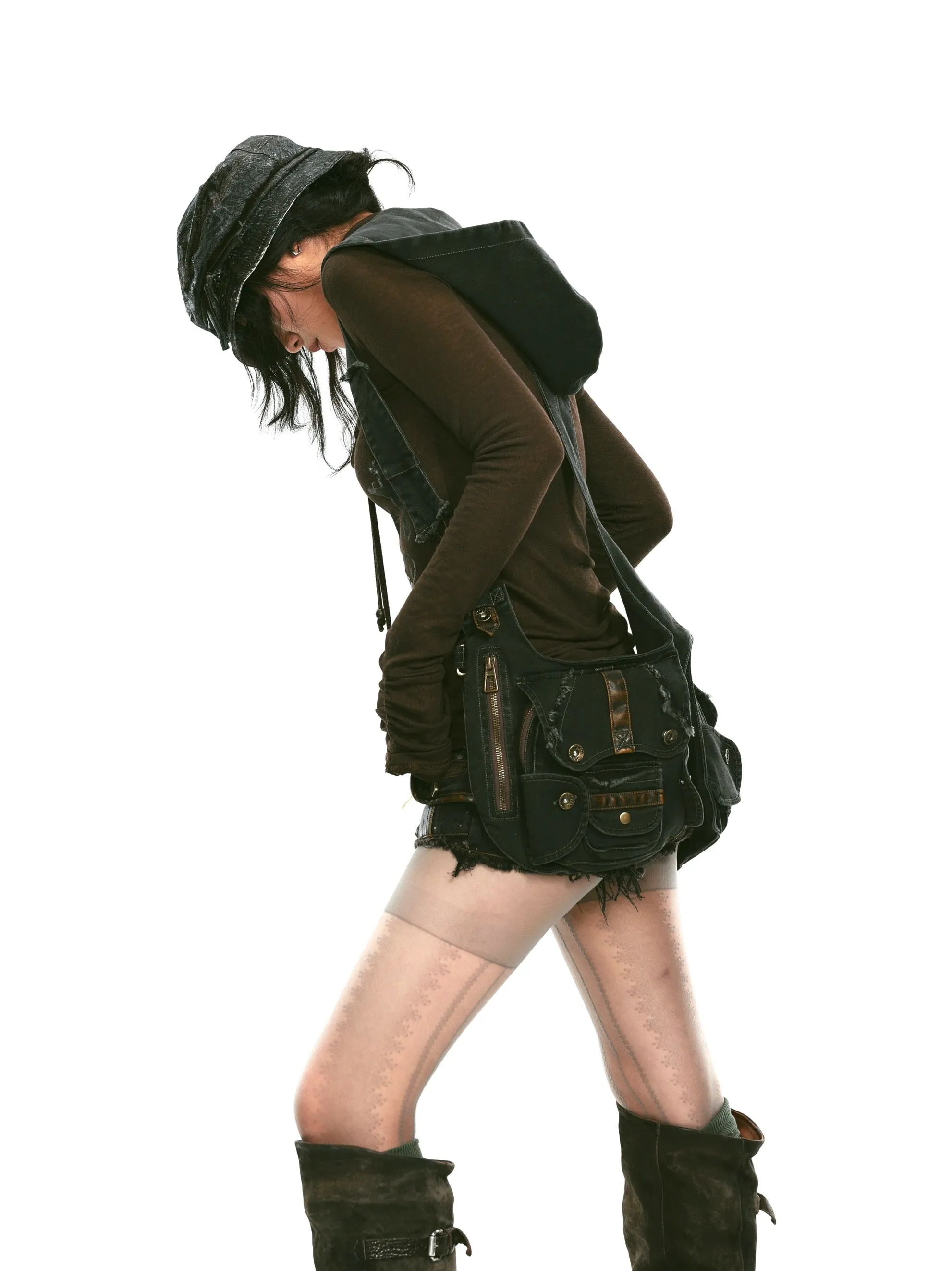 denim hooded multi-pocket vest