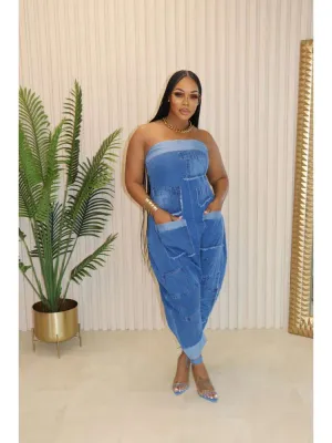 Denim Multi Pocket Strapless Jumpsuit