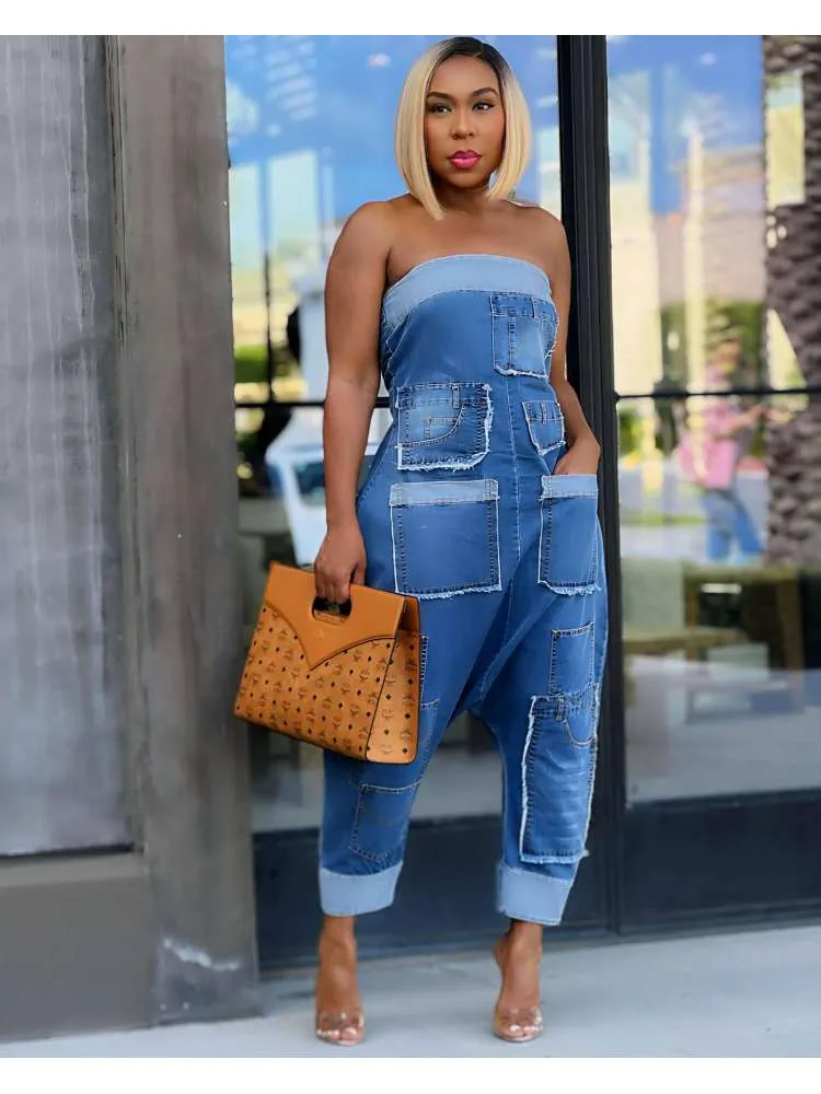 Denim Multi Pocket Strapless Jumpsuit