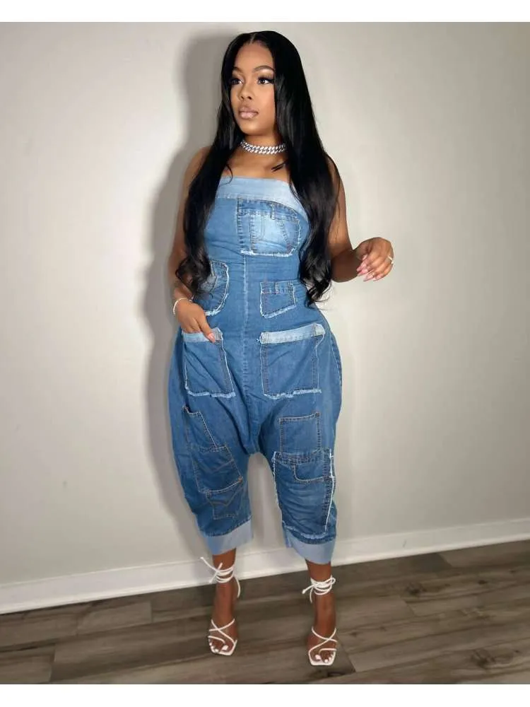 Denim Multi Pocket Strapless Jumpsuit