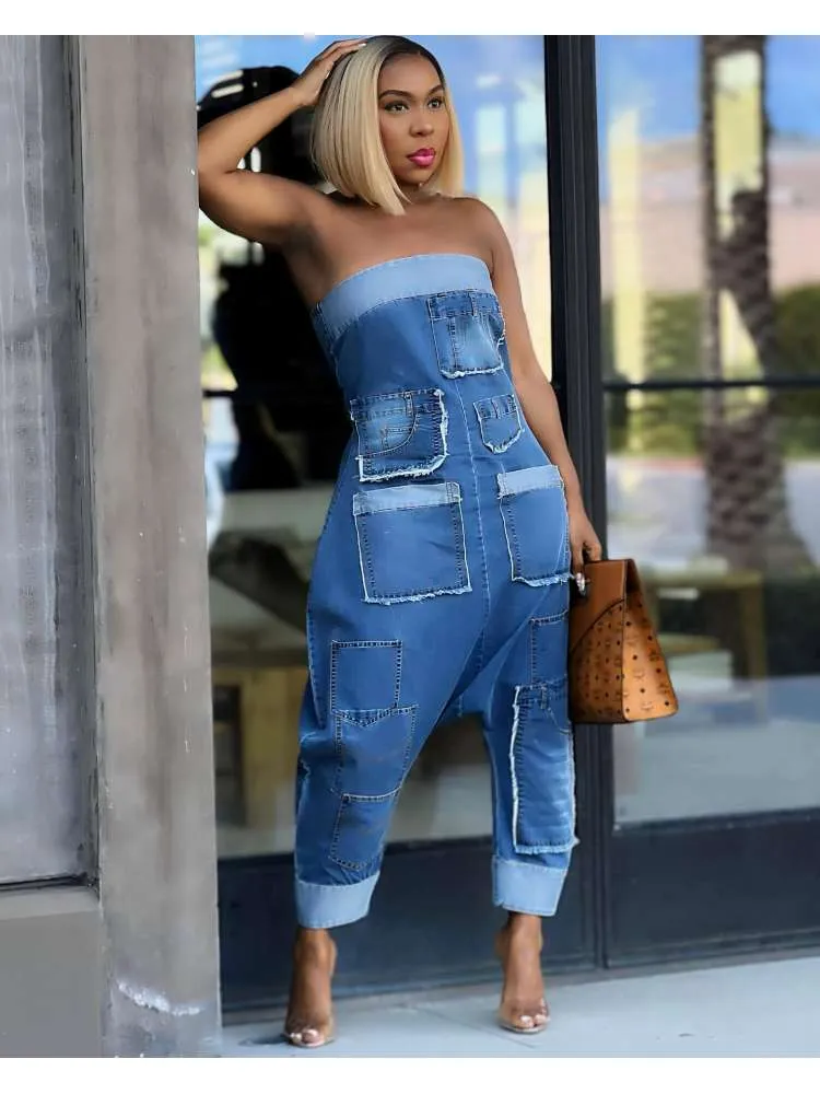 Denim Multi Pocket Strapless Jumpsuit