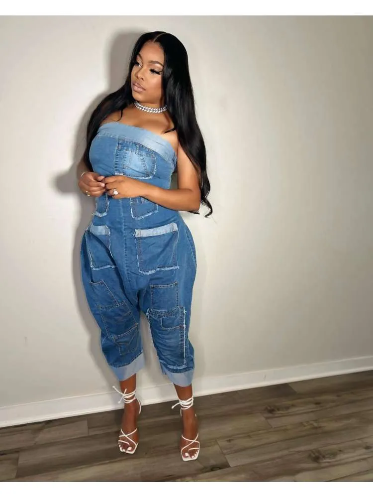Denim Multi Pocket Strapless Jumpsuit