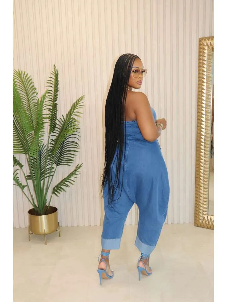 Denim Multi Pocket Strapless Jumpsuit