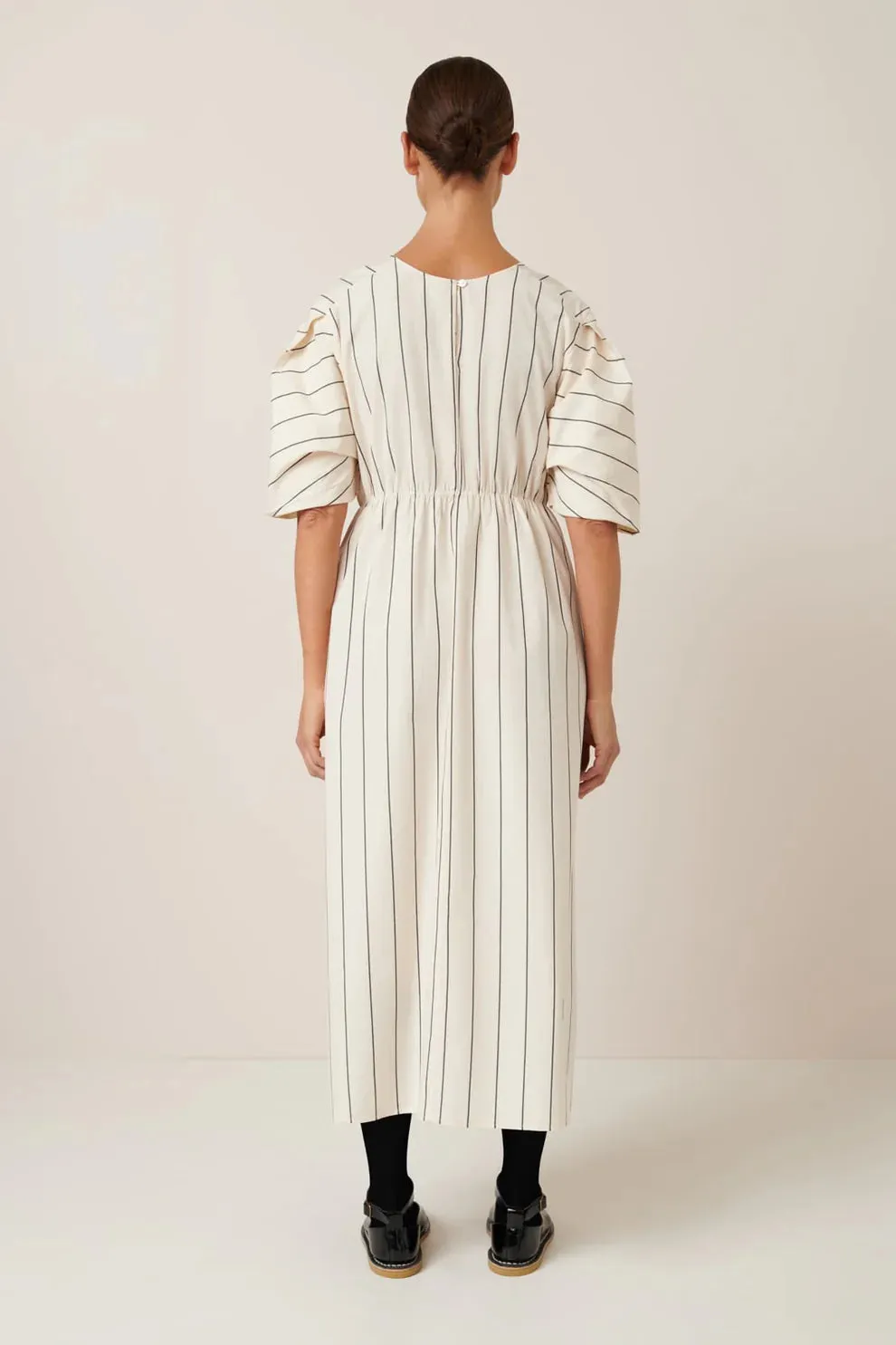 Ellora Dress | Kowtow | Greige Pinstripe