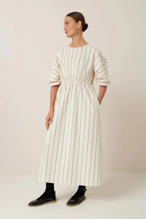 Ellora Dress | Kowtow | Greige Pinstripe