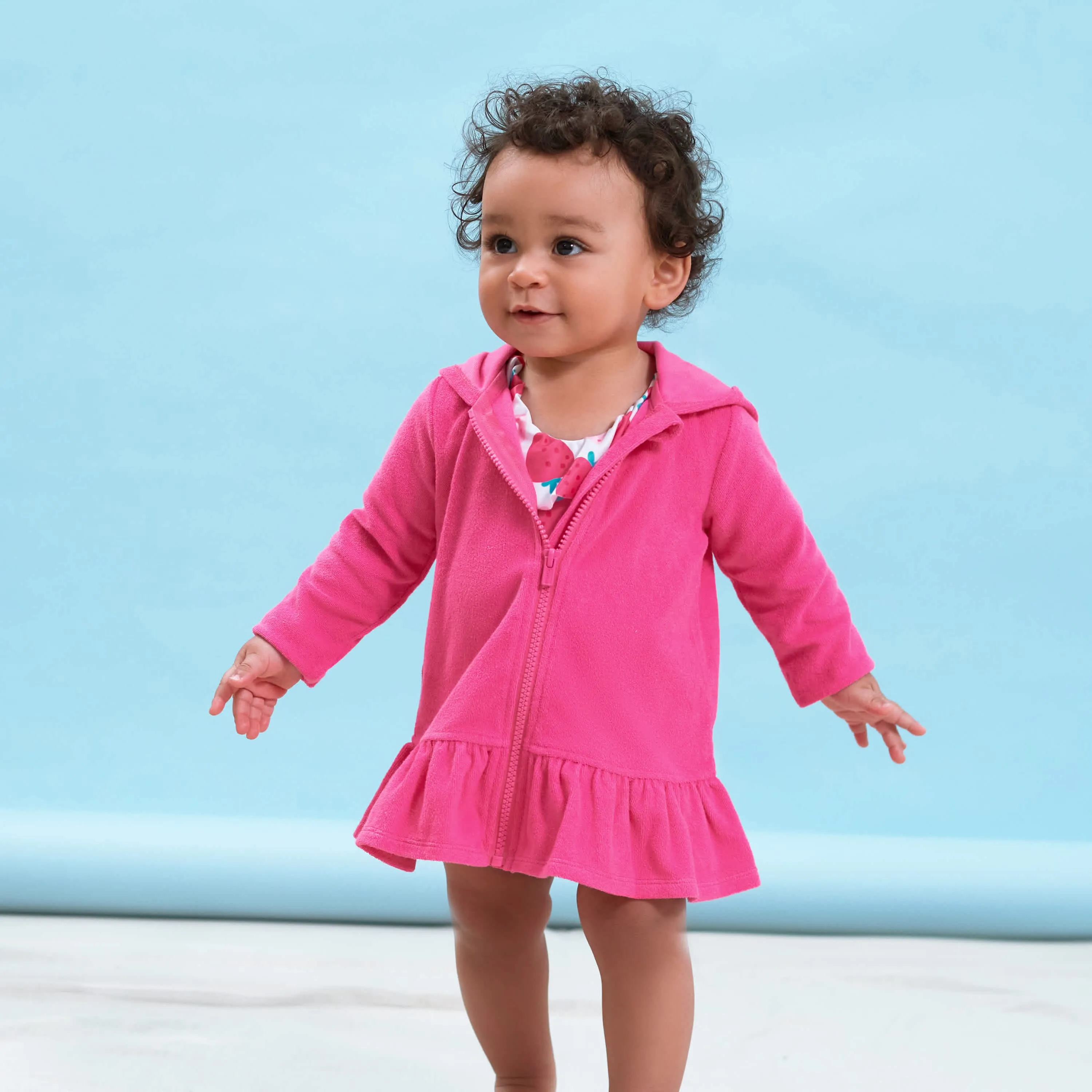 Embroidered Baby & Toddler Girls Pink Hooded Zip Front Terry Swim Coverup