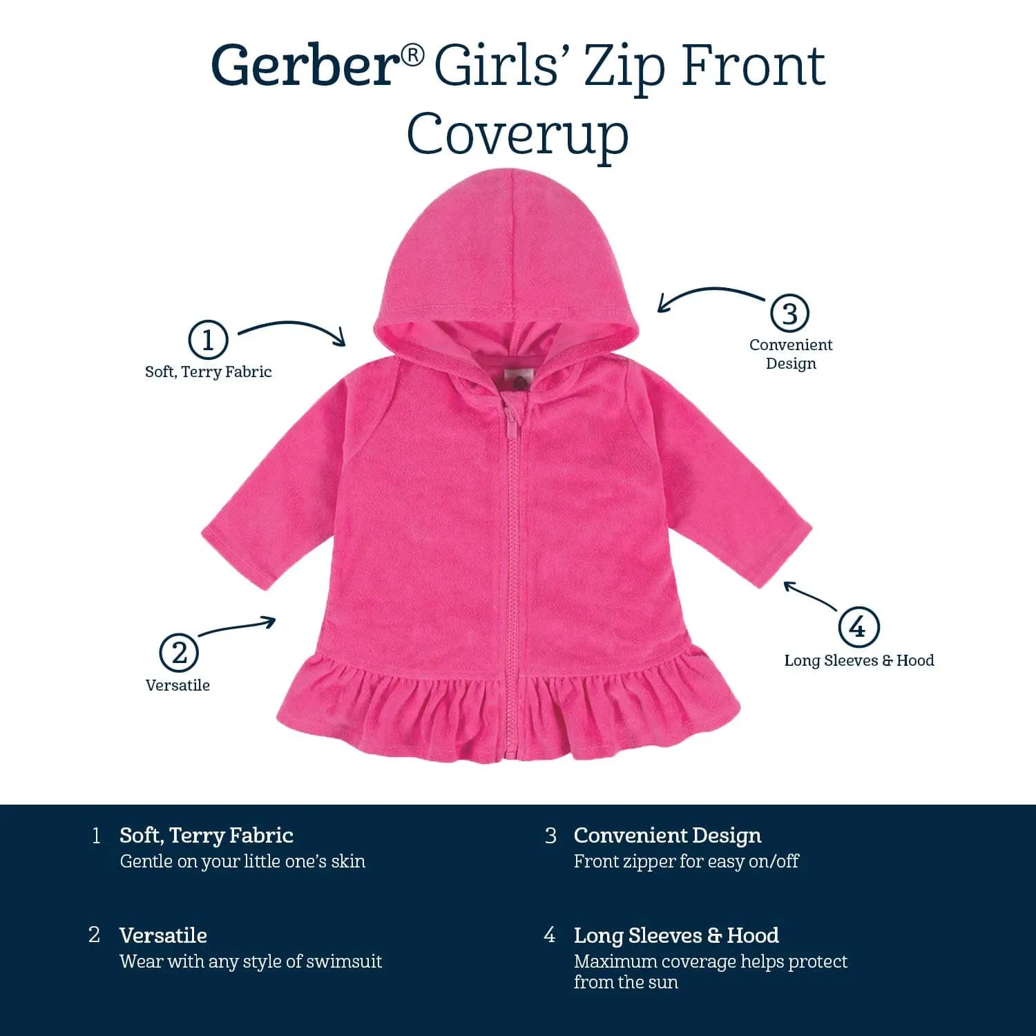 Embroidered Baby & Toddler Girls Pink Hooded Zip Front Terry Swim Coverup