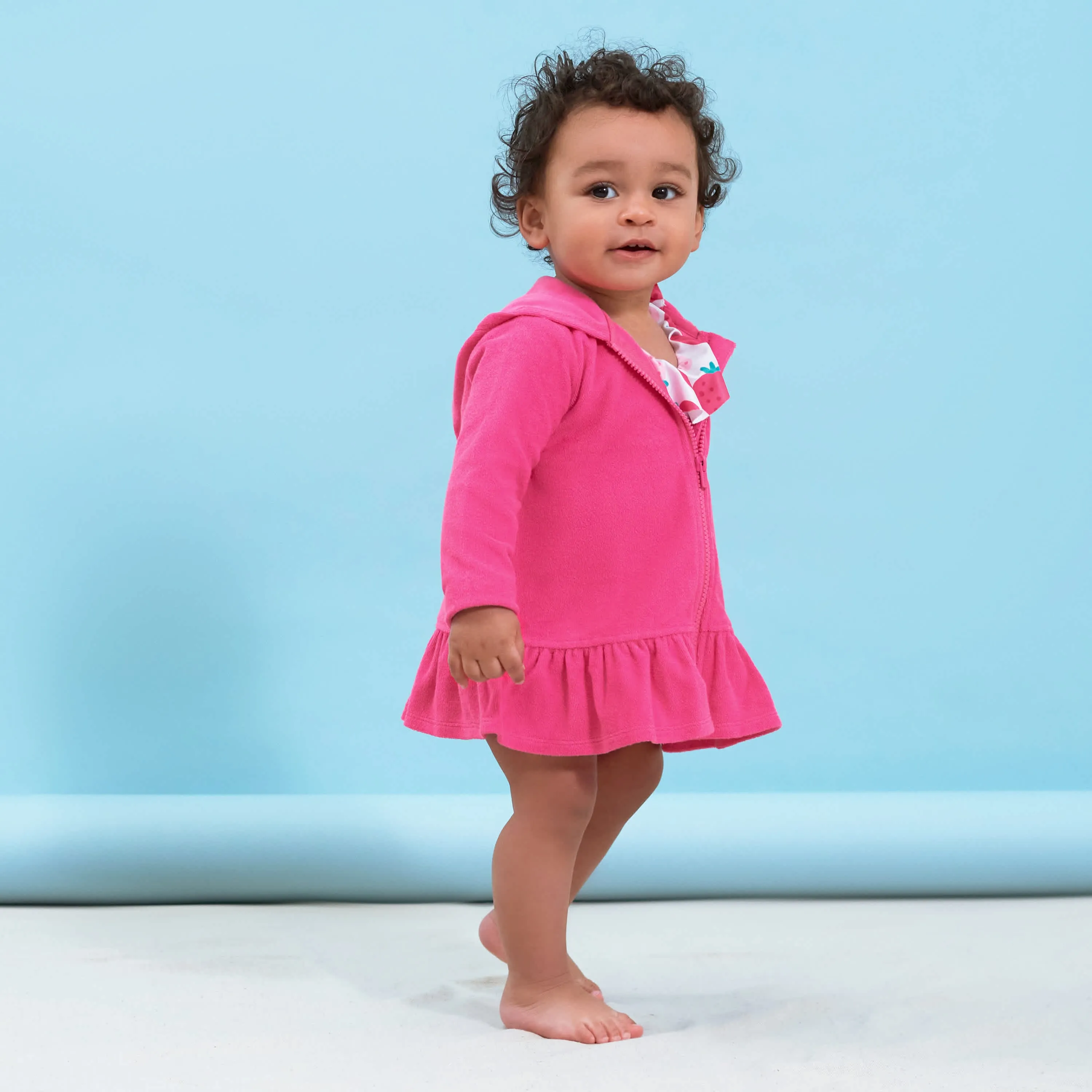 Embroidered Baby & Toddler Girls Pink Hooded Zip Front Terry Swim Coverup