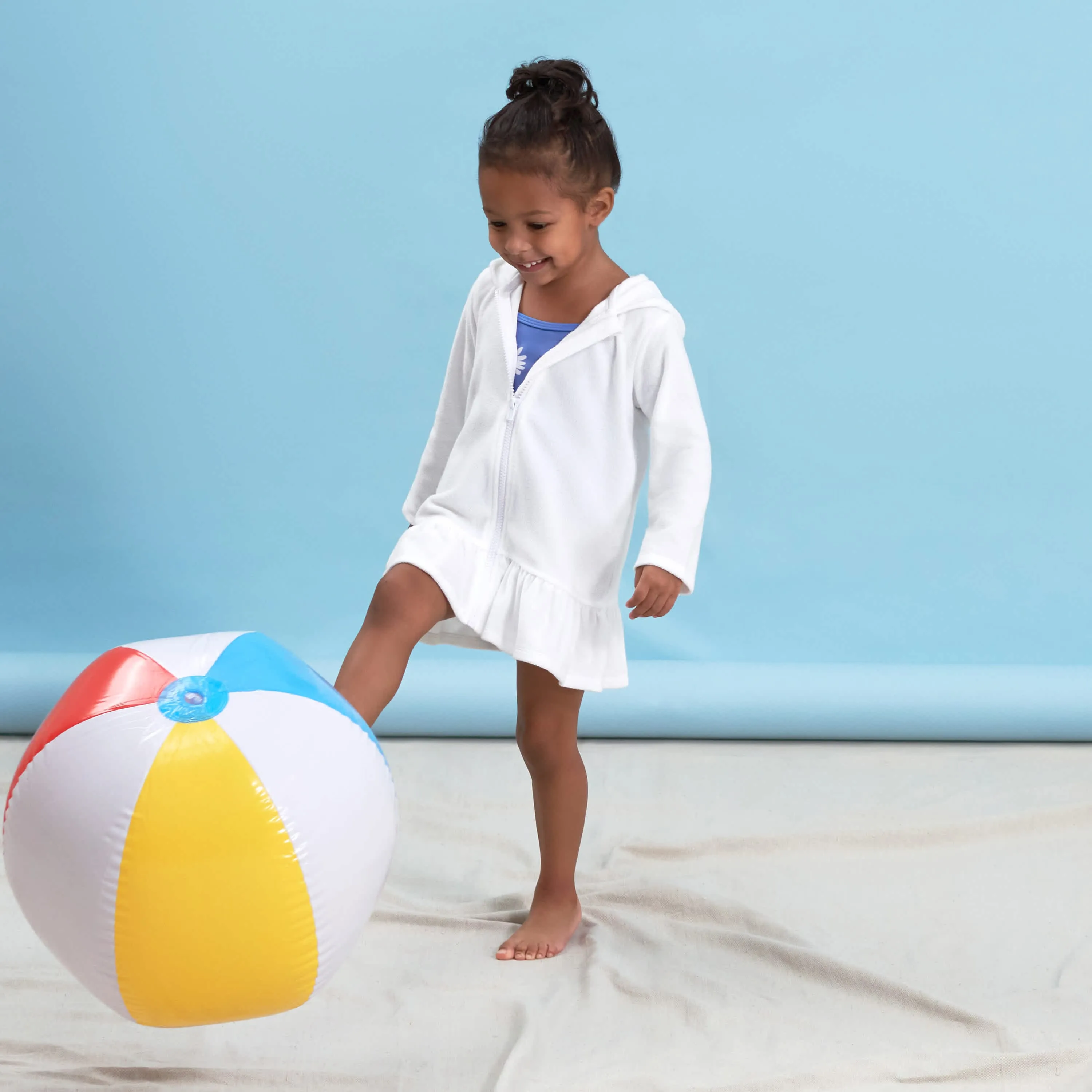 Embroidered Baby & Toddler Girls White Hooded Zip Front Terry Swim Coverup