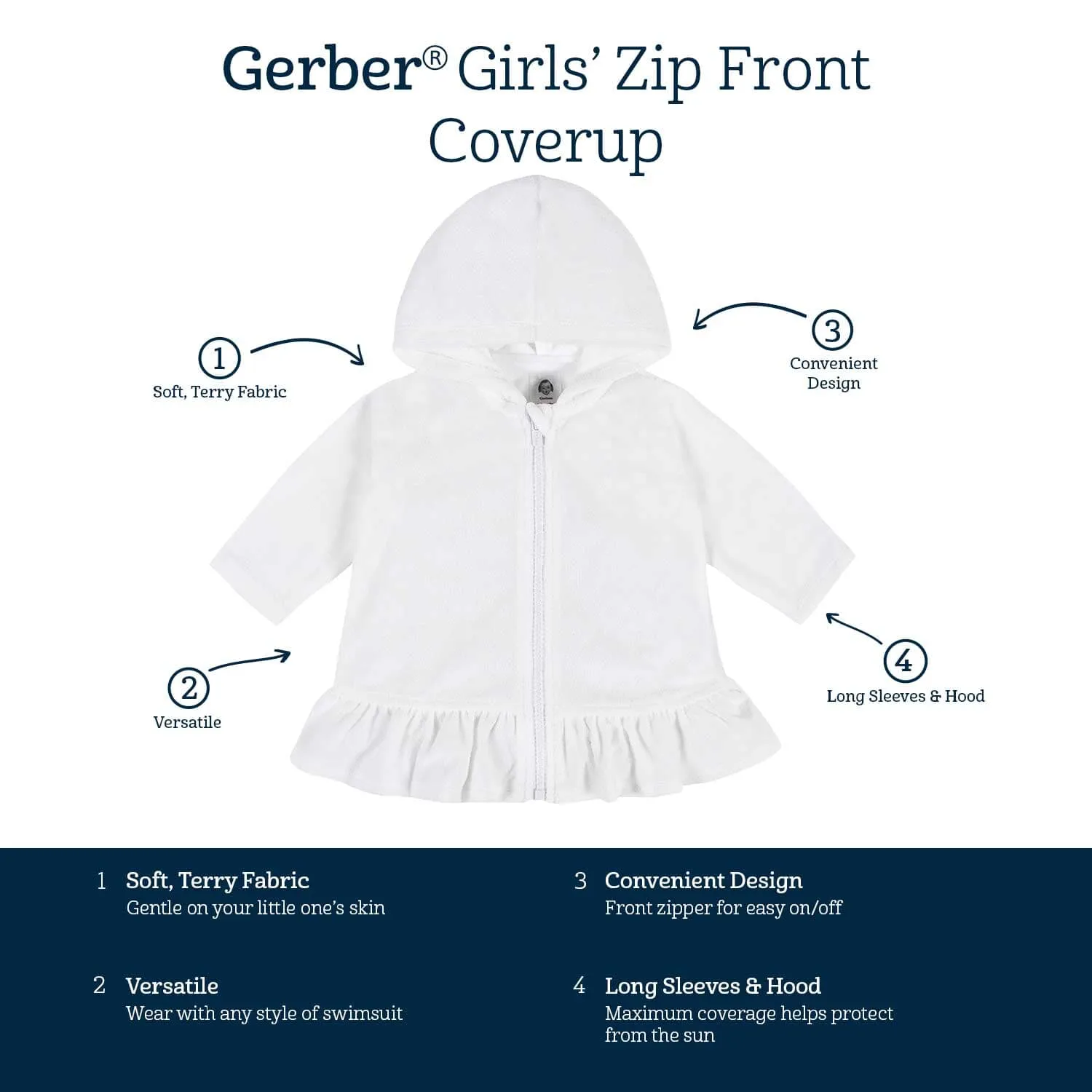 Embroidered Baby & Toddler Girls White Hooded Zip Front Terry Swim Coverup