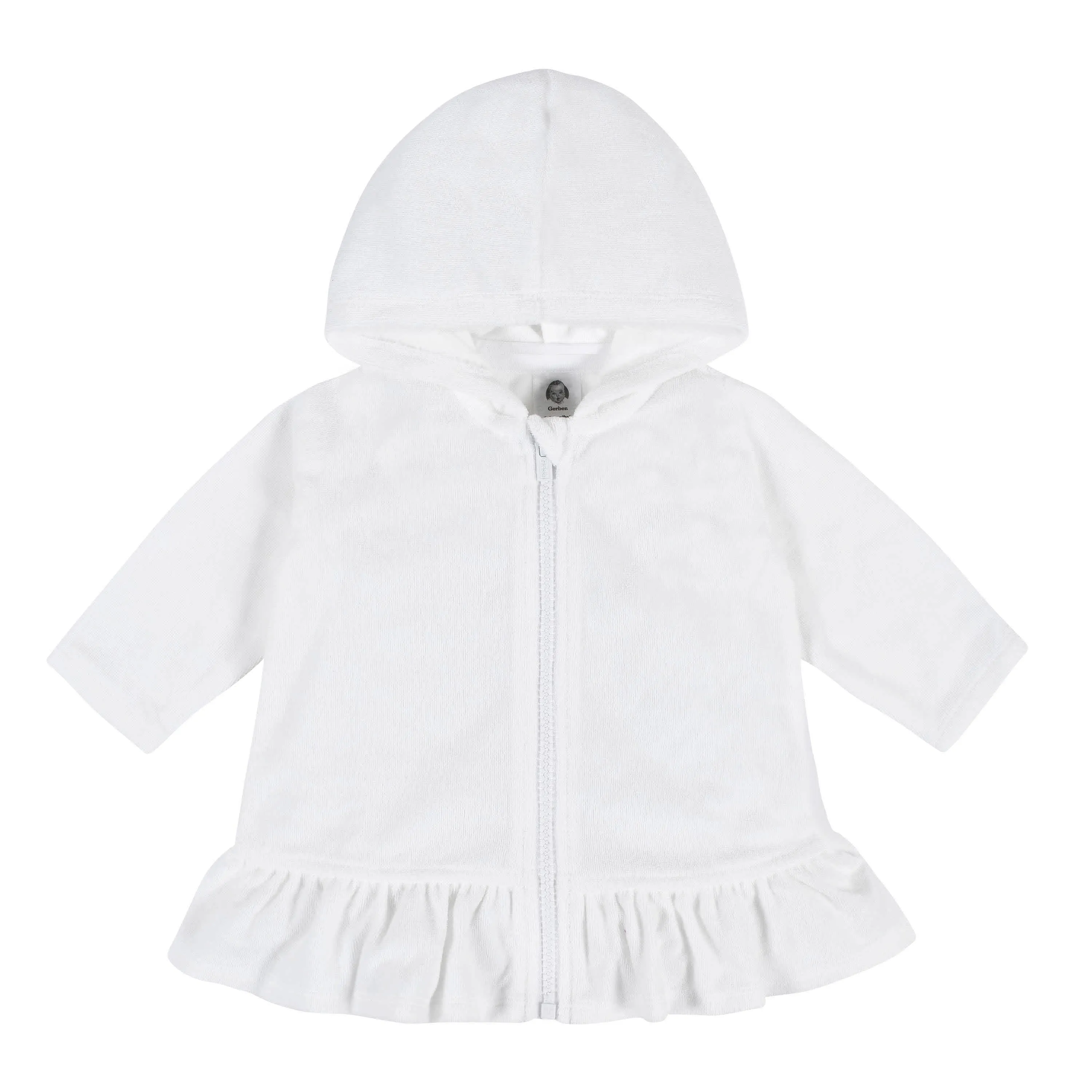 Embroidered Baby & Toddler Girls White Hooded Zip Front Terry Swim Coverup