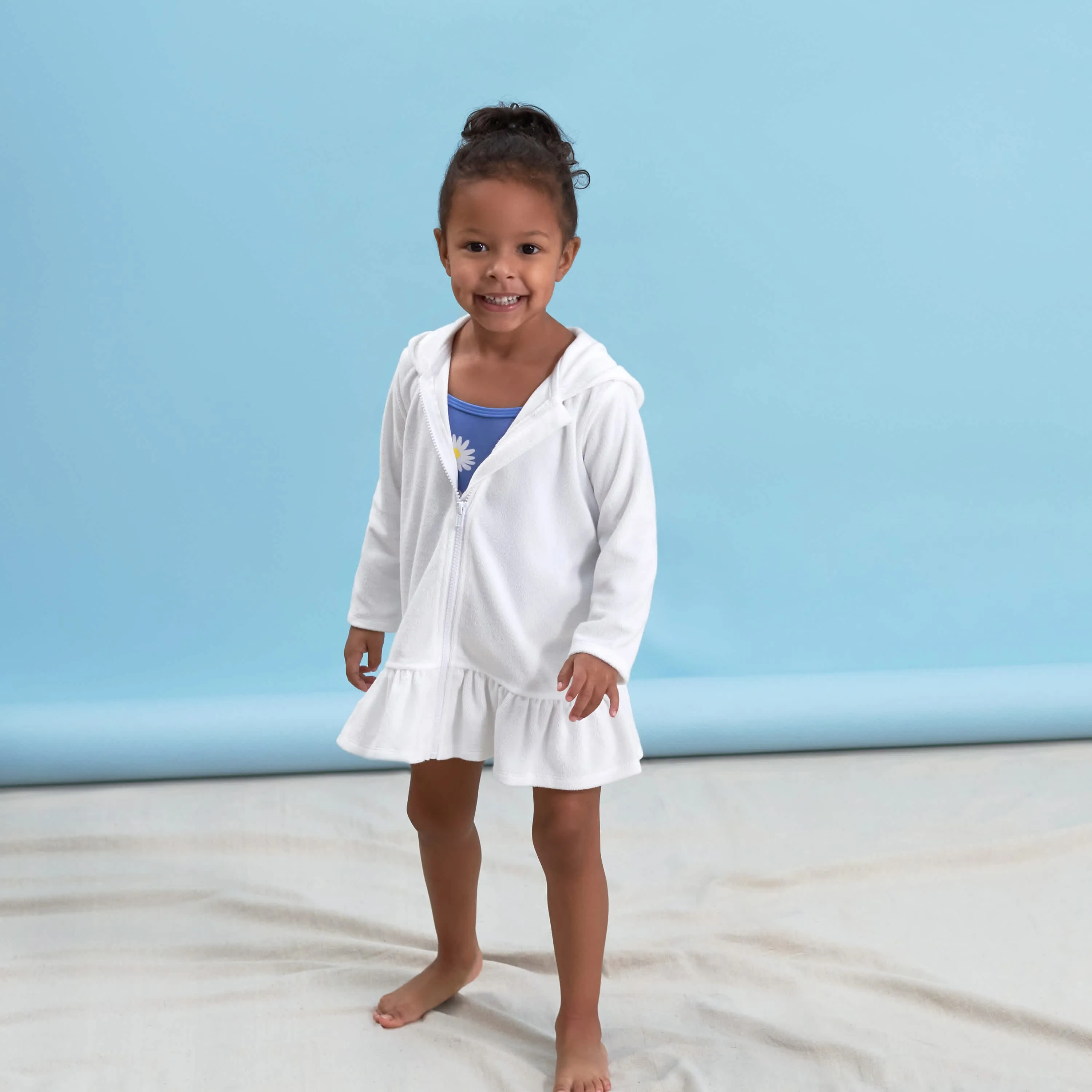 Embroidered Baby & Toddler Girls White Hooded Zip Front Terry Swim Coverup