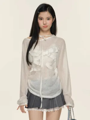 Ethereal Bow-Accent Sheer Knit Top