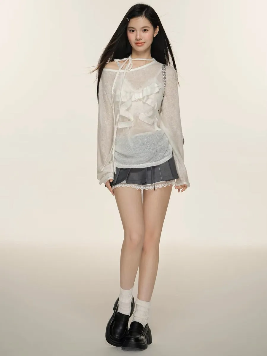 Ethereal Bow-Accent Sheer Knit Top