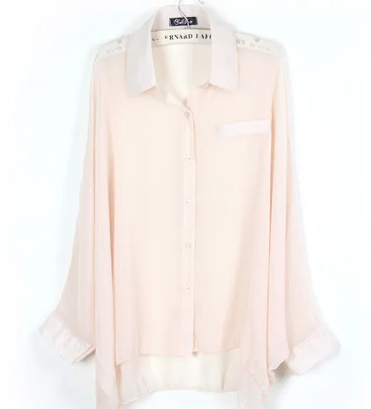 European style plus size batwing sleeve loose transparent chiffon shirt women long sleeve sheer blouses
