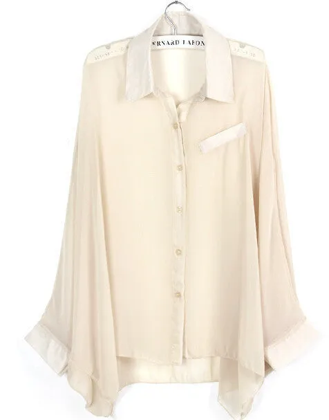European style plus size batwing sleeve loose transparent chiffon shirt women long sleeve sheer blouses
