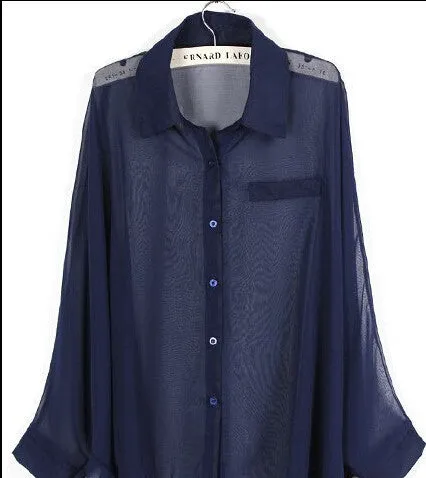 European style plus size batwing sleeve loose transparent chiffon shirt women long sleeve sheer blouses