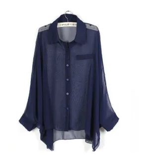 European style plus size batwing sleeve loose transparent chiffon shirt women long sleeve sheer blouses