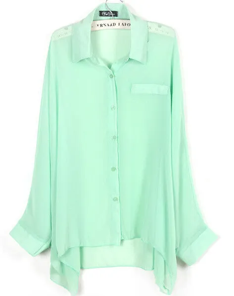 European style plus size batwing sleeve loose transparent chiffon shirt women long sleeve sheer blouses