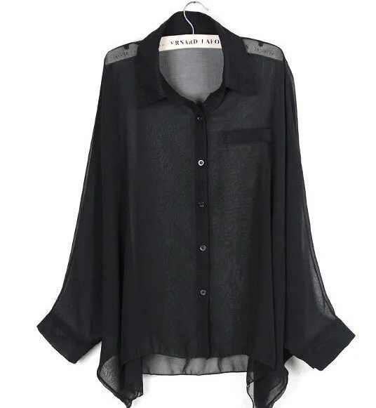 European style plus size batwing sleeve loose transparent chiffon shirt women long sleeve sheer blouses