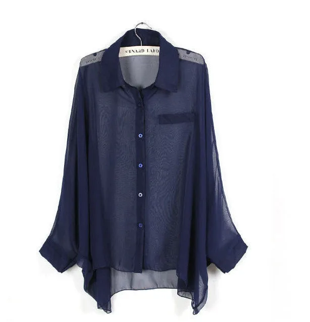 European style plus size batwing sleeve loose transparent chiffon shirt women long sleeve sheer blouses