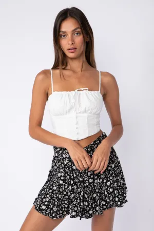 Eyelet Print Sleeveless Crop Top – Adjustable Straps, Front Button Down, and Smocked Back