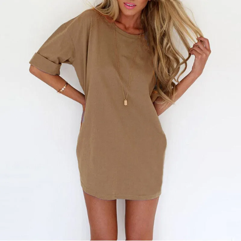 Fashion Women Casual Loose Dress Ladies Short Sleeve Solid Color Mini Dresses Vestidos Plus Size