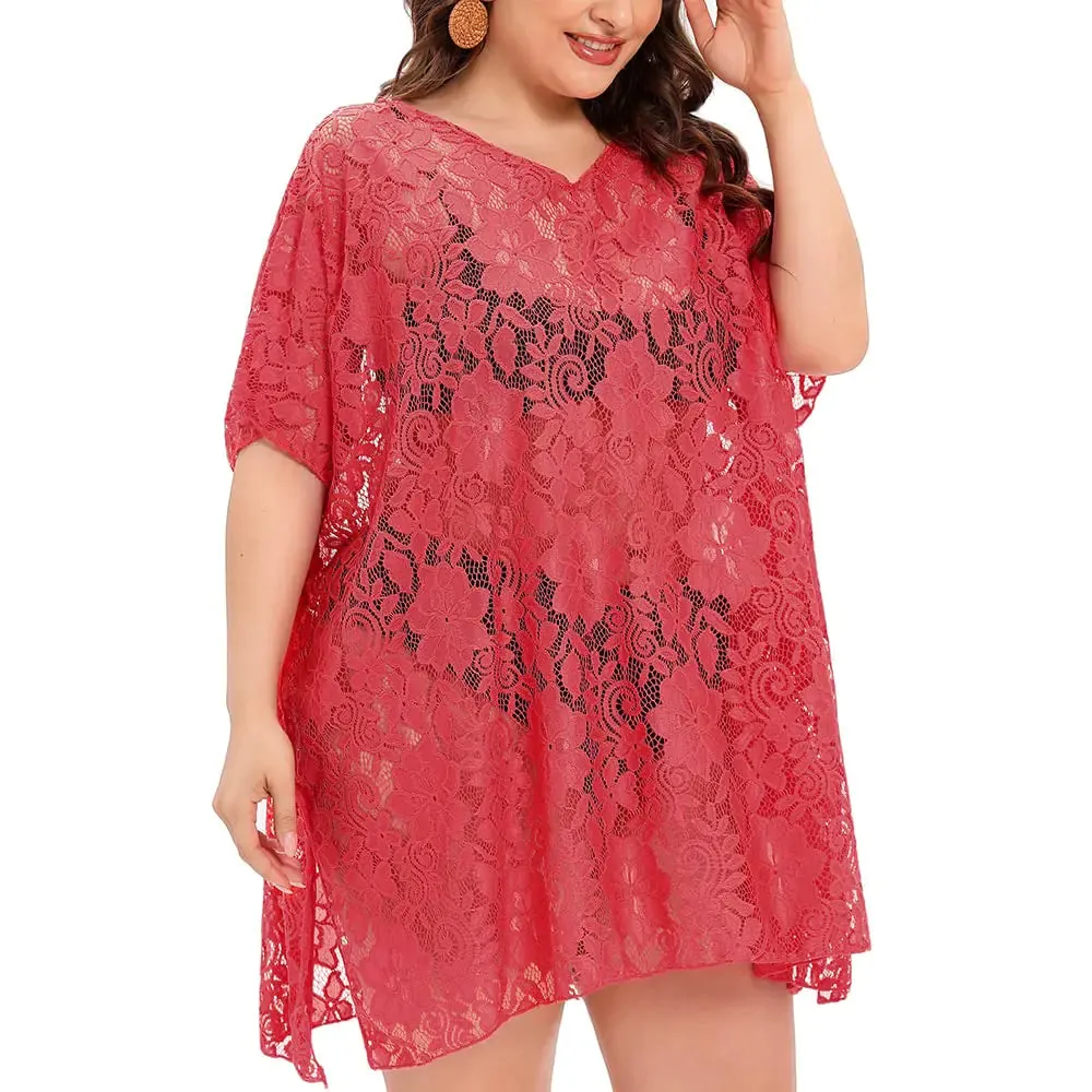 FINIZO Womens Swimsuit Beach Cover Up Lace Bikini Beachwear Plus Size Beach Bikini See Through Swimwear(Watermelon Red-4XL)