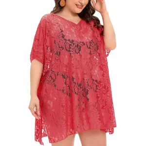 FINIZO Womens Swimsuit Beach Cover Up Lace Bikini Beachwear Plus Size Beach Bikini See Through Swimwear(Watermelon Red-4XL)