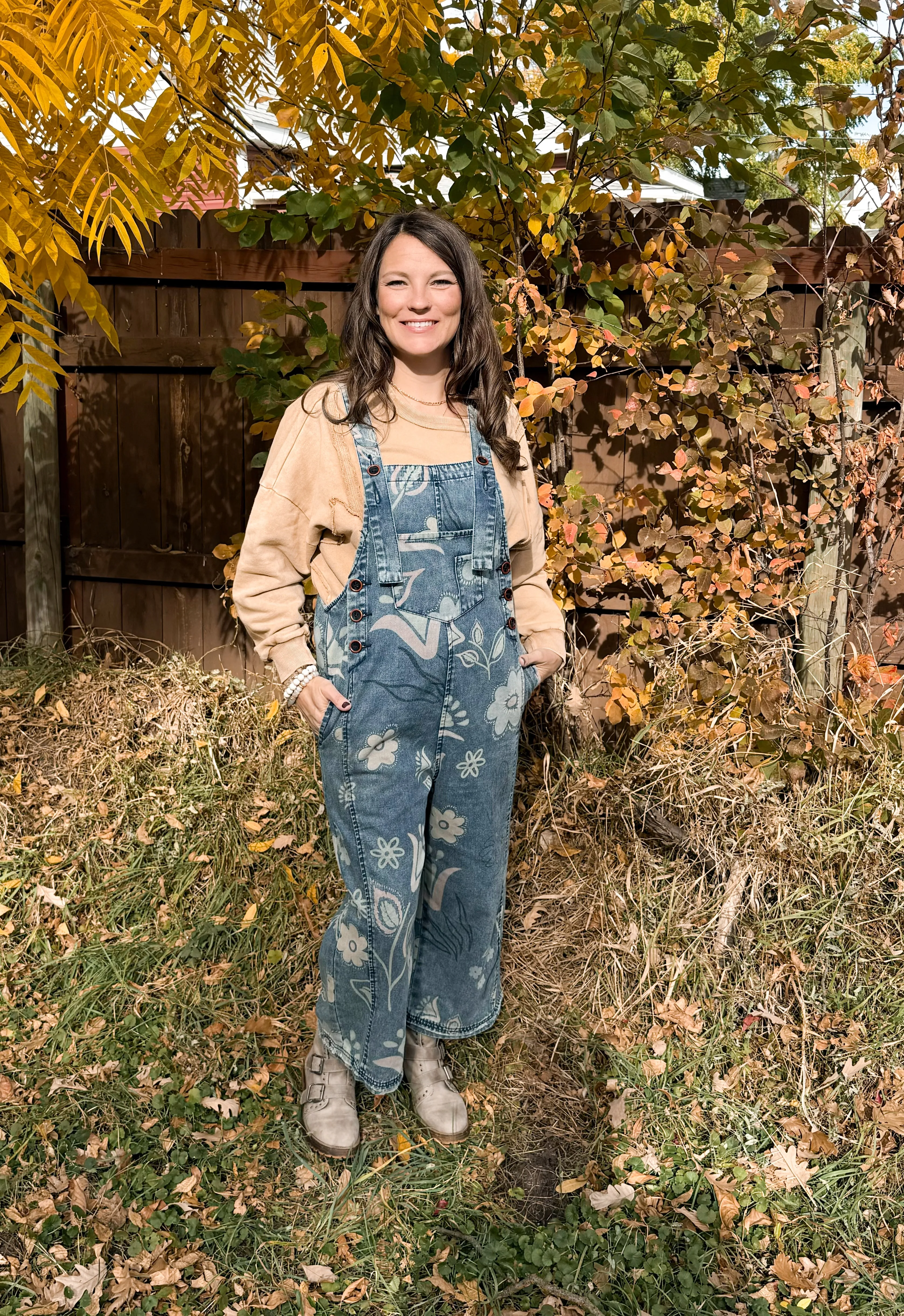 Floral Print Washed Demin Overalls