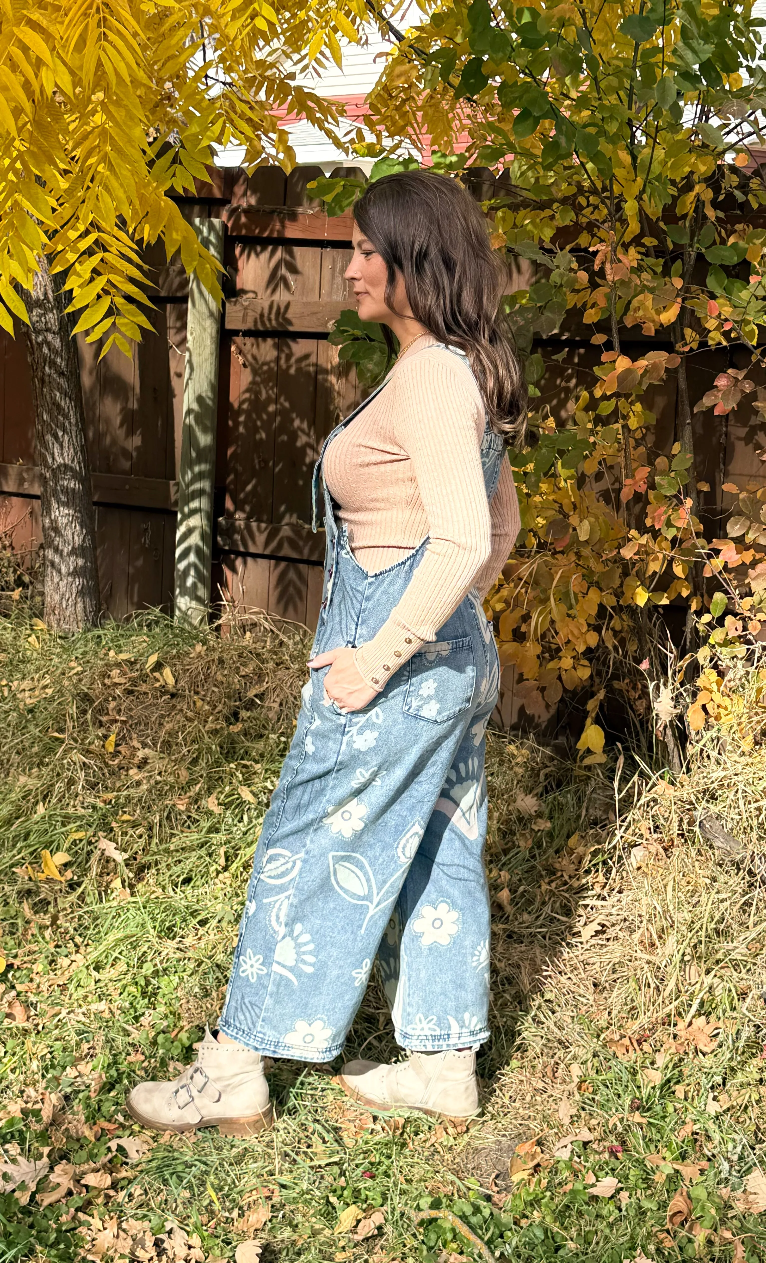 Floral Print Washed Demin Overalls