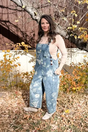 Floral Print Washed Demin Overalls